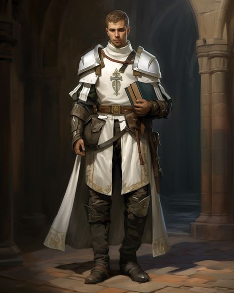 White Armor Knight, Dnd Paladin Male Human, Male Cleric Dnd, Cleric Armor, Dnd Priest, Short Hair Green Eyes, Fantasy Priest, Dnd Knight, Handsome Knight