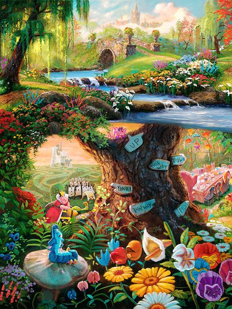 Alice In Wonderland Paintings, Kinkade Disney, Thomas Kinkade Disney, Alice In Wonderland Drawings, Alice In Wonderland Aesthetic, Disney Paintings, Disney Alice In Wonderland, Images Disney, Alice Madness