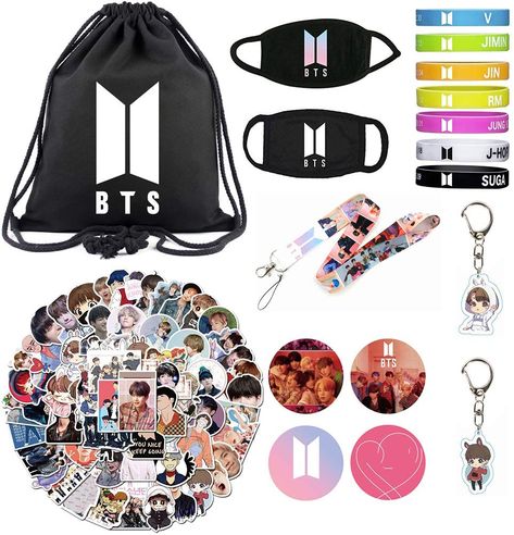 ❤【Gift Set】Including 1 drawstring bag,77 stickers,1 lanyard,2 face m-asks,2 keychains,7 bracelets,4 button pins ❤【Drawstring Bag】13.39" x 16.9"large capacity and can hold books, laptops, clothes, etc. You can use it in travel, gym, camping, school, outdoor activity, ect. ❤【Waterproof Cute Stickers】 Cool decoration for Water Bottle, Hydro Flask,Tumbler, Laptop, Computer, Tablet, Phone Case, Headphones, Charger, Bluetooth Speakers, Notebook,Scrapbook, Binders, etc. Natalie Noel, Bts Sleeping, Bts Bag, Notebook Scrapbook, Stickers Face, Merch Kpop, Army Room Decor, Bts Clothing, Diy Crafts Bookmarks