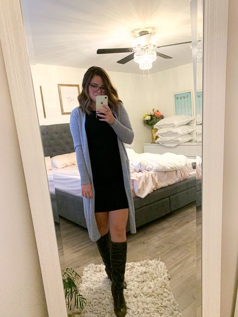 Black Mini Dress And Cardigan Outfit, Short Dress With Long Cardigan, Dresses With Long Cardigans, Black Dress And Cardigan Outfit, Womens Work Fashion, Dresses With Cardigans, Bodycon Dress With Cardigan, Black Boots Outfit Winter, Black Dress Cardigan