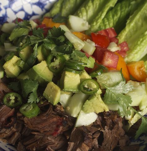 Make Salpicon, a simple meat salad, with leftover brisket or braised chuck roast and fresh chopped vegetables. Brisket Salad Leftover, Brisket Salad, Braised Chuck Roast, Brisket Meat, Chopped Vegetables, Meat Salad, Beef Salad, Smoked Brisket, Shredded Beef