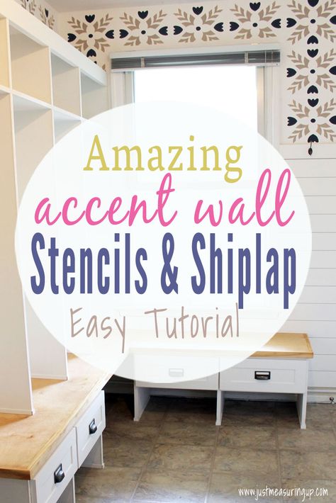 Looking to give a room in your home an update? Use wall stencils and shiplap to create an entirely new room. You won't believe the before and after here! This easy tutorial walks you through exactly how to use wall stencils to create a focal wall in your home. Lots of tips, tricks, pictures, and a wall stenciling video. Stamped Accent Wall Diy, Uneven Walls Solutions, Stenciled Accent Walls, Wall Stenciling, Wall Stencils Diy, Accent Wall Stencil, Diy Storage Shelves, Stencil Wall, Focal Wall