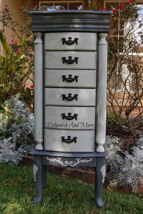 Armoire Redo, Tall Jewelry Box, Jewelry Armoire Diy, Jewelry Armoire Makeover, Painted Jewelry Armoire, Armoire Makeover, Jewelry Armoires, Jewelry Dresser, Jewelry Box Makeover