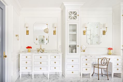 Small space? These decorative mirrors can make your home feel larger… The Fox Group, Classic White Bathrooms, Fox Group, Custom Bathroom Cabinets, All White Bathroom, French Country Bathroom, Custom Bathroom Vanity, White Bathroom Designs, Bathroom Vanity Designs