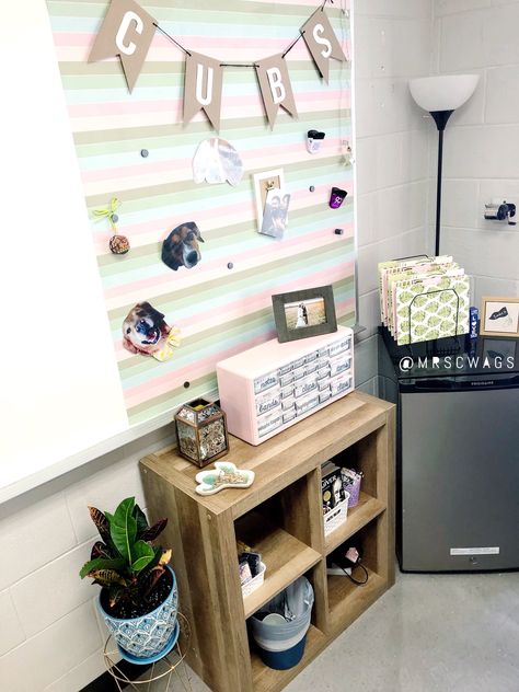 Pink, mint, and navy classroom decor. Teacher desk space with teacher toolbox, lamps, and house plants. Teacher Shelf Decor, Teacher Aide Desk Ideas, No Desk Classroom Teachers, Teacher Mini Fridge, Front Of Desk Decor Teacher, Desk Skirt For Teacher Desk, Teacher Desk And Kidney Table Set Up, Navy Classroom Decor, Mint Classroom