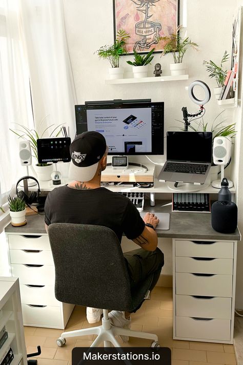 IKEA Desk Setup Work From Home Monitor Setup, 120cm Desk Setup, Ikea Desk Gaming Setup, Two Laptop Desk Setup, Graphic Designer Desk Setup, Work Station Ideas Home, Work Stations Office Design, Ikea Small Desk, Ikea Desk Setup