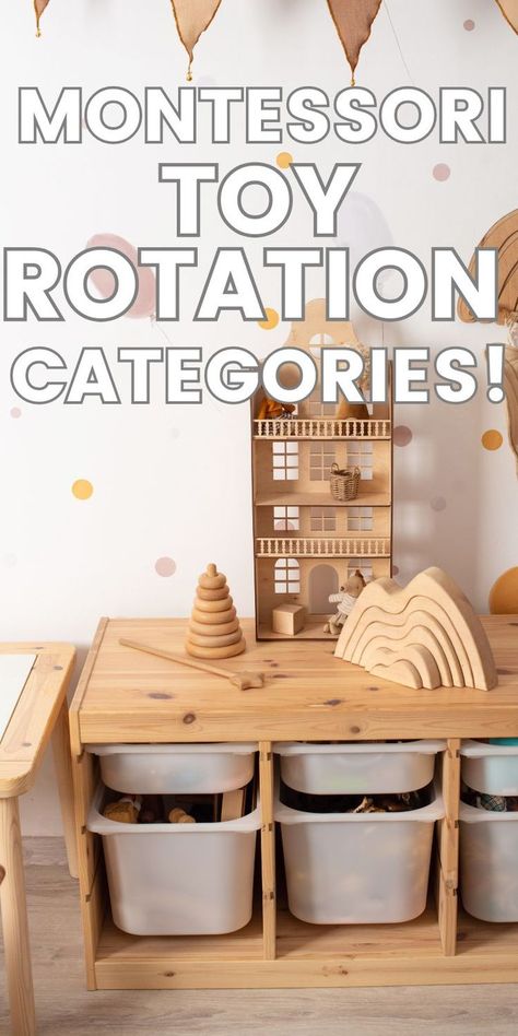 Montessori playroom with natural wood materials. Pin text overlay reads "Montessori toy rotation categories!" Toy Rotation Categories, Montessori Toy Rotation, Montessori Toy Storage, Toy Rotation System, Montessori Storage, Organize Toddler Toys, Toddler Toy Storage, Toddler Storage, Playroom On A Budget