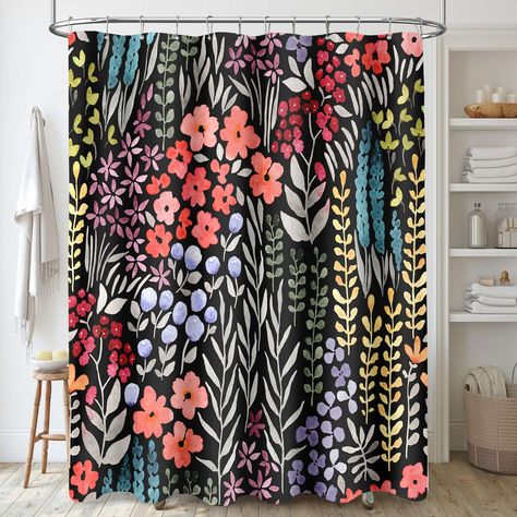 PRICES MAY VARY. Floral Design: Elevate your bathroom decor with our exquisite floral shower curtain. Featuring a captivating array of wildflower, this shower curtain adds a touch of spring and summer to the bathroom space. Boho Inspired: Embrace the timeless charm of cottagecore with this black aesthetic shower curtain. Its floral motif and vintage-inspired design create a cozy and inviting atmosphere, perfect for those seeking a rustic yet stylish. Premium Quality Material: Crafted from high-q Funky Watercolor, Bathroom Decor Black, Bohemian Bathroom Decor, Aesthetic Shower, Butterfly Bathroom, Purple Floral Fabric, Bohemian Shower Curtain, Bathroom Curtain Set, Cottagecore Bohemian