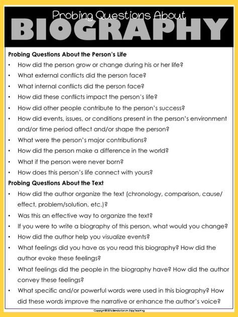 When your class studies biographies, grab this set of probing questions. Your fourth grade and fifth grade students will think more deeply about the lives of famous people. #teachingbiography Questions To Ask When Writing A Biography, Writing A Biography About Yourself, How To Write A Biography, Autobiography Questions, Autobiography Outline, Teaching Biographies, Biography Questions, Writing Biography, Biography Project Elementary