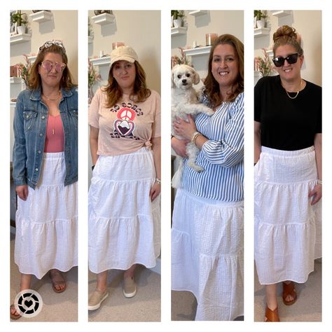 High waisted Tiered Seersucker Maxi Skirt styled 4 different ways Long Tiered Skirt, White Skirt Outfits, White Maxi Skirt, Smocked Skirt, White Long Skirt, Maxi Skirt Style, White Maxi Skirts, White Maxi, Complete Outfits