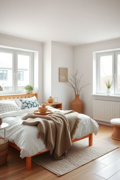 Cozy bedroom with a wooden bed, neutral bedding, and natural light from two large windows. Natural Wood Bedroom Ideas, Scandi Bedroom Ideas, Scandi Bedroom Decor, Minimalist Scandinavian Bedroom, Cozy Scandinavian Bedroom, Scandinavian Bedroom Design, Minimalism Scandinavian, Scandi Bedroom, Cozy Scandinavian