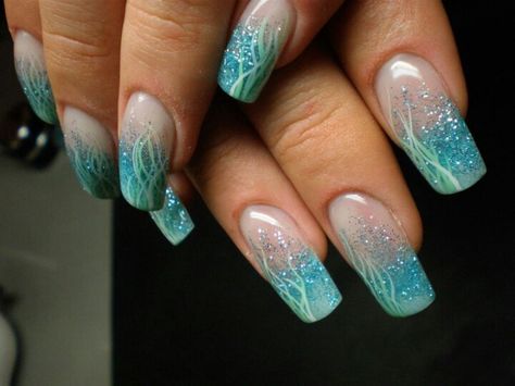 Sea French Nails, Cruising Nails, Ocean French Tip Nails, Ocean Blue Ombre Nails, Ocean Inspired Nails, Blue Ocean Nails Acrylic, Blue Ocean Nail Art, Ocean Blue Nails, Rhinestones Nails