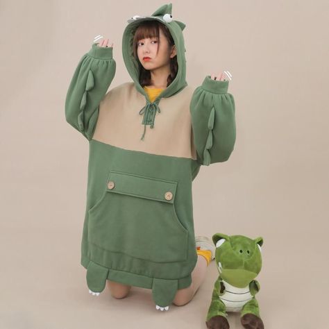 Hoodie Outfit Korean, Cute Hoodie Outfit, Monster Hoodie, Kawaii Hoodies, Kawaii Hoodie, Kawaii Dinosaur, Outfit Korean, Cute Hoodie, Hoodie Green