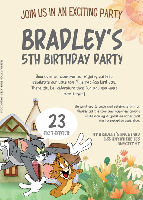 Download Now Free Editable PDF - Tom & Jerry Birthday Invitation Templates Prepare for a rollercoaster of laughter and entertainment as we step into the world of Tom & Jerry and join them in celebrating a Fun Birthday Party like no other! The mischievous cat and clever m... Download this invitation for FREE at https://www.drevio.com/free-editable-pdf-tom-jerry-birthday-invitation-templates Tom And Jerry Party Ideas, Tom And Jerry Birthday Party, Tom And Jerry Party, Tom And Jerry Birthday, Mischievous Cat, Tom And Jerry Cartoon, Birthday Party Stickers, Free Printable Birthday Invitations, Free Printable Invitations