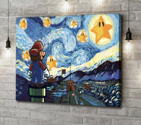 Mario Art Painting, Mario Starry Night, Mario Bros Painting Canvas, Mario Kart Painting, Starry Night Inspired Paintings, Nintendo Painting Canvas, Mario Painting Canvases, Video Game Painting, Canvas Painting Starry Night