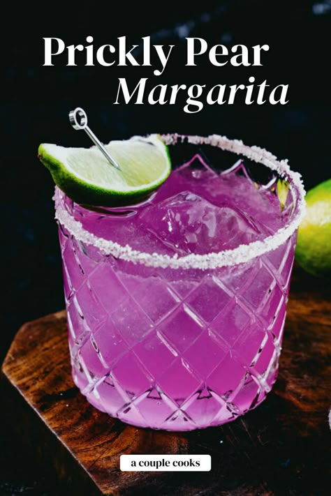 The prickly pear margarita is the best festive cocktail! The shocking pink color in this recipe is all natural, from prickly pear syrup. #pricklypear #margarita #pricklypearmargarita #margaritarecipe Girls Night Drinks Cocktails, Daiquiri Recipes, Friday Cocktails, Pear Syrup, Drinks Tequila, Liqueur Cocktails, Tequila Drinks Recipes, Pear Margarita, Girls Night Drinks