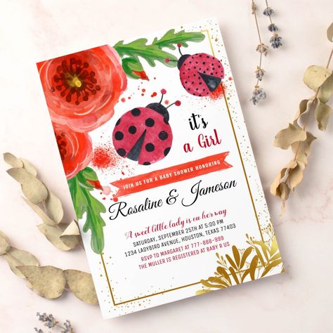 Ladybug Baby Shower Theme, Ladybug Birthday Decorations, Ladybug Birthday Theme, Ladybug Birthday Invitations, Ladybug Invitations, Party Invitation Design, Bird Baby Shower, Ladybug Baby Shower, Ladybug Baby