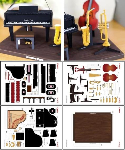 Paper Models Printable, Paper Instruments, Diorama Paper, Origami Wall Art, Jazz Quartet, Barbie House Furniture, Room Box Miniatures, Free Paper Models, Diy Instruments