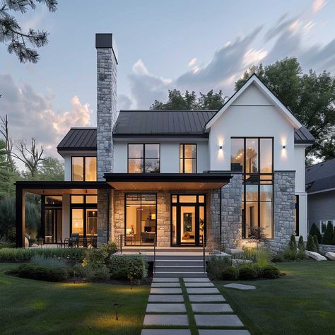 Rustic Modern Farmhouse Exterior, Modern Farmhouse Lake House, Single Story Modern Farmhouse, Modern French Country Exterior, Country House Exterior, Small Country Homes, Inspiring Lifestyle, Modern Estate, Country Modern Home