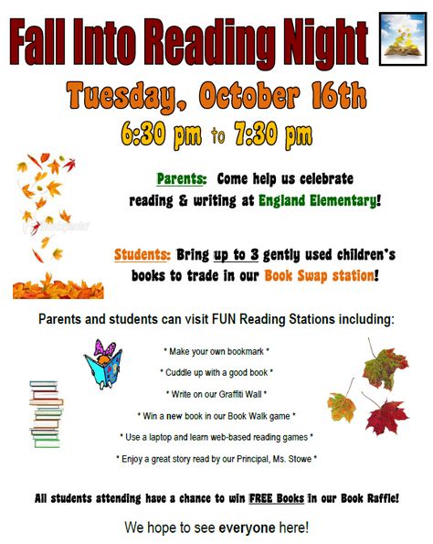 Sample flier.  Also some great ideas listed (book swap, book walk). Family Literacy Night Activities, Fall Into Reading, Literacy Night Activities, Family Math Night, Family Literacy Night, Curriculum Night, Read A Thon, Reading Night, Flyers Template