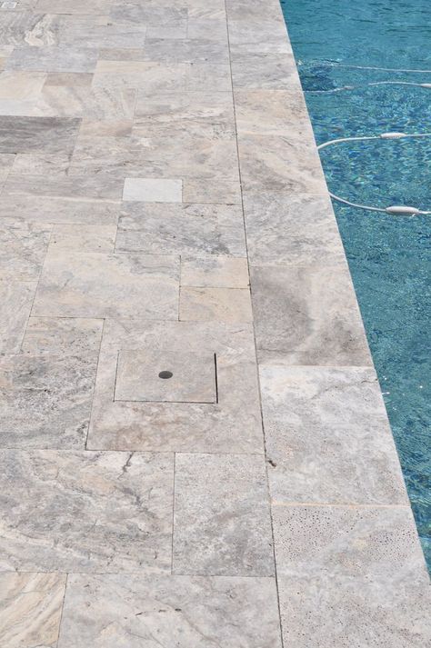 Silver Travertine Coping and Pavers Design | Travertine pool coping, Stone pool, Travertine pool decking Travertine Coping Around Pool, Silver Travertine Pool Coping, Silver Travertine Pool Deck, Pool Coping And Tile, Pool Travertine, Pool Coping Ideas, Travertine Pool Deck, Travertine Pool Decking, Pool Makeover