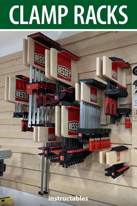 Bessey Clamp Rack, Mobile Clamp Rack, French Cleat Clamp Storage, French Cleat Clamp Rack, Wood Clamp Storage, Bessey Clamps, Workshop Shelving, Clamp Rack Woodworking, Workshop Shelves