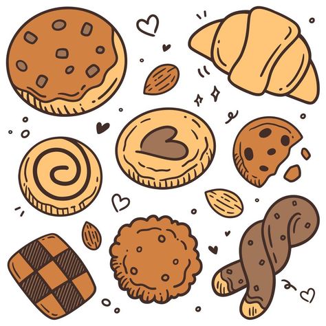 Cute doodle cartoon bakery and cookie set vector illustration Dessert Doodles Drawing, Bakery Drawing Cute, Cake Doodle Cute, Cookie Drawing Aesthetic, Kawaii Bakery Illustration, Dessert Cartoon Drawing, Cute Cookie Illustration, Bakery Doodle Art, Cartoon Cookie Drawing