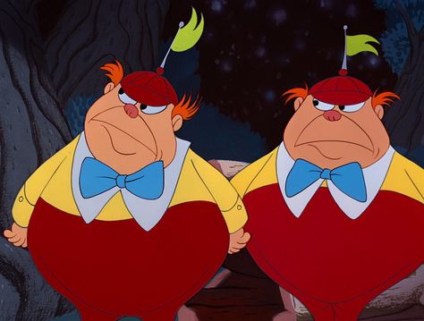 What to wear for both: Red pants, a yellow shirt, a blue bow tie, and a red hat with a green flag. How to act: Walk side by side, bellies out. Repeat each other's sentences, squeak, honk, and dance. Iconic Duos Best Friends Cartoon, Best Duo Halloween Costumes, Tweedle Dum, Alice In Wonderland 1951, Duo Costumes, Tweedle Dee, Duo Halloween Costumes, Alice And Wonderland Quotes, Wonderland Quotes