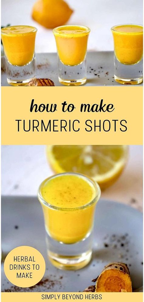 Learn how to make turmeric shots with our guide in herbal drinks. This simple recipe combines the powerful benefits of turmeric with black pepper to maximize absorption and effectiveness. A quick and easy way to boost your overall health. Find more turmeric recipes & turmeric benefits, immunity drink recipes, and immune boosters at simplybeyondherbs.com. Tumeric Medicinal Uses, Turmeric And Ginger Drink, Tumeric Inflammation Drink, Anti Inflammation Turmeric Drink, Tumeric Cleanse Drink, Recipe With Turmeric, Natural Antibiotic Honey Tumeric, Turmeric And Ginger Shots Recipe, Tumeric Ginger Lemon Orange Shots