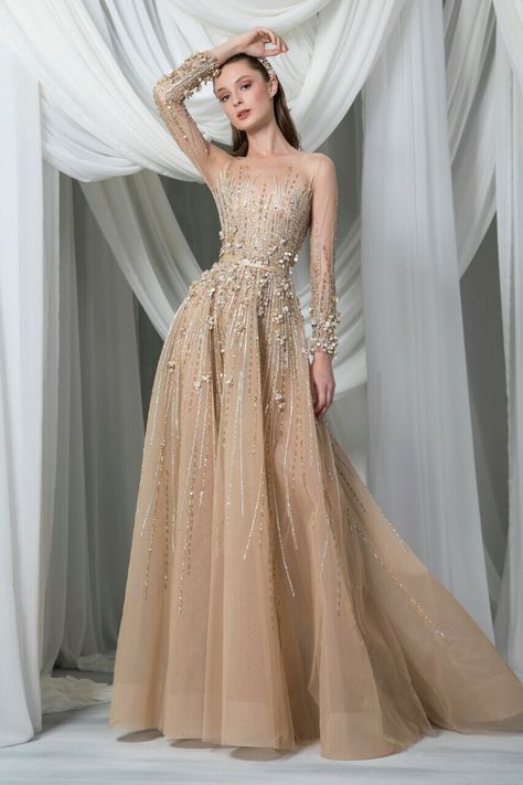 Lana Dress, Golden Gown, 파티 드레스, Tony Ward, Long Sleeve Gown, Food Table, Embroidered Tulle, Tulle Gown, Gown Dress