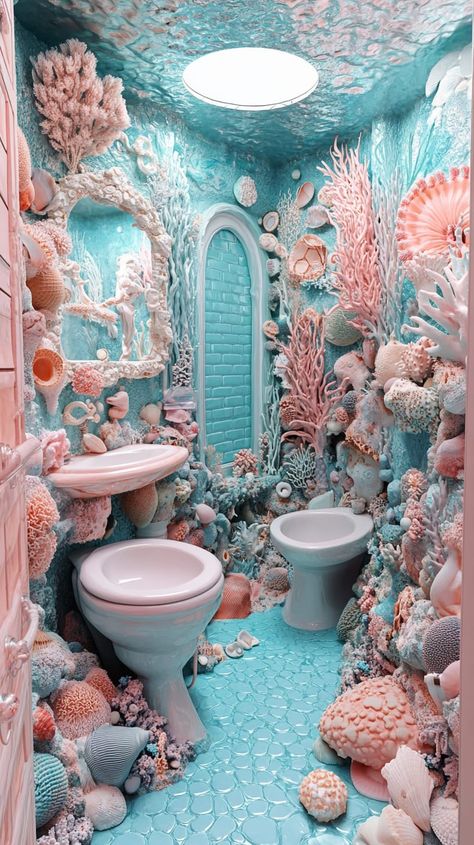 Surreal bathroom with coral decor, turquoise tiles, and pastel colors, featuring a sink, toilet, and whimsical fairy tale Maximalist Bathrooms, Ocean Bathroom Ideas, Underwater Bathroom, Crazy Bathroom, Crazy Bathrooms, Turquoise Tiles, Futuristic Bathroom, Ocean Themed Bathroom, Ocean Bathroom