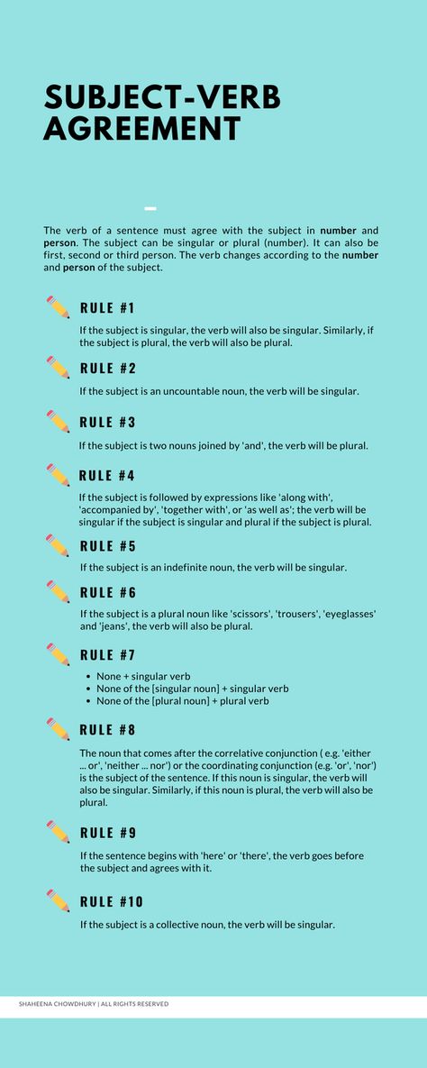 Master the 10 golden rules of subject-verb agreement with this infographic. Subject Verb Agreement Rules Grammar, Subject Verb Agreement Chart, Subject Verb Agreement Worksheet, Subject Verb Agreement Activities, Subject Verb Agreement Rules, Basic English Grammar Book, English Grammar Notes, Tatabahasa Inggeris, English Grammar Rules