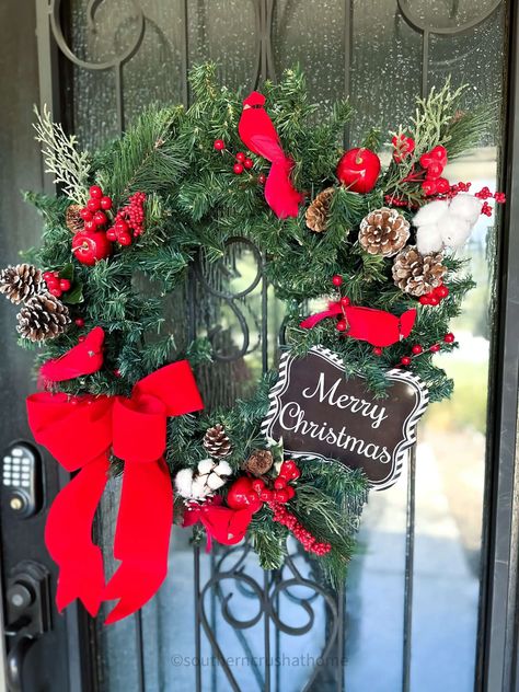 How to Make an Easy Red Bird Christmas Wreath - Southern Crush at Home Red Bird Wreath, Bird Wreath, Bird Christmas, Set The Mood, Country Christmas Decorations, Greenery Garland, Greenery Wreath, Red Bird, Wreath Forms