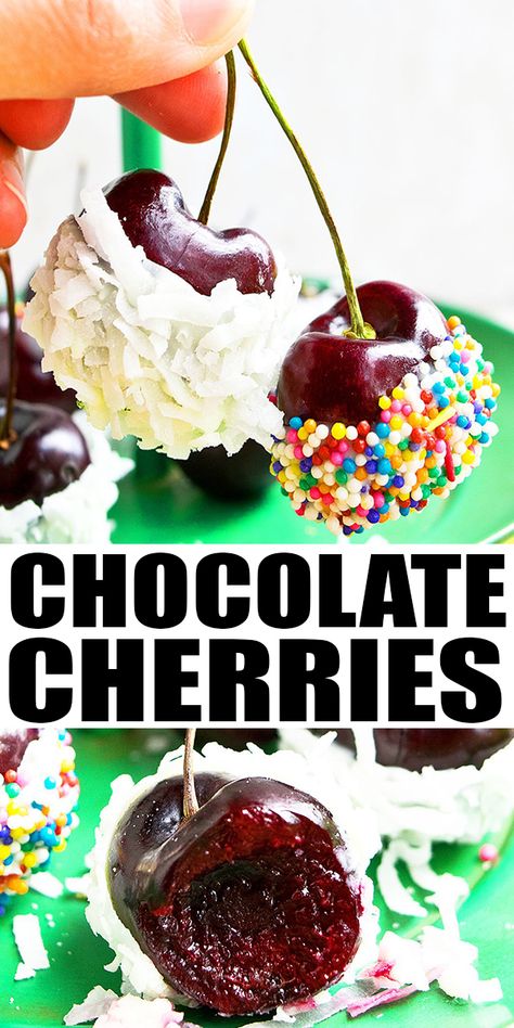 CHOCOLATE COVERED CHERRIES RECIPE- Quick and easy gourmet style chocolate dipped cherries, homemade with simple ingredients. Cover in coconut, nuts, sprinkles. Great as snack or homemade gift! From CakeWhiz Chocolate Covered Cherry Desserts, Cherry Chocolates Homemade, Chocolate Covered Dried Cherries, Old Fashioned Chocolate Covered Cherries, Dipped Cherries, Chocolate Covered Cherries Recipe, Chocolate Dipped Cherries, Gooey Desserts, Cherry Crush