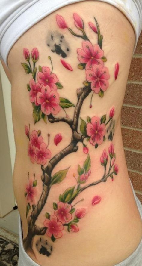 Girl Rib Tattoos, Cherry Blossom Tree Tattoo, Blossom Tree Tattoo, Rib Tattoos For Women, Family Tree Tattoo, Tree Tattoo Designs, Tatuaje A Color, Cherry Blossom Tattoo, Blossom Tattoo