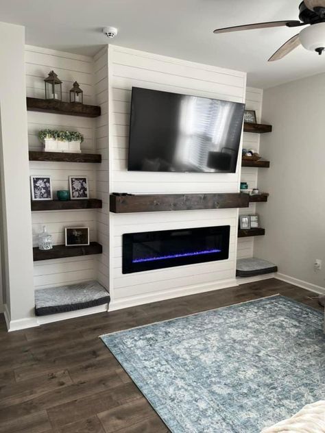 Small Living Room Renovation Ideas, Fireplace Tv Wall With Shelves, Shiplap Wall Living Room With Tv, Fireplace Wall With Shelves, Diy Entertainment Wall, Shiplap Wall Fireplace With Tv, Fireplace With Floating Shelves On Sides, Wood Slat Fireplace Wall, Low Profile Fireplace