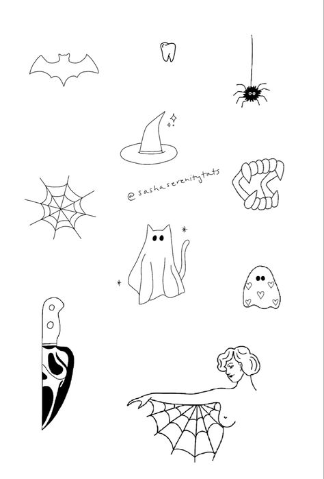 Spooky Line Art Tattoo, Spooky Dainty Tattoos, Minimalistic Halloween Tattoo, Small Simple Horror Tattoos, Easy Spooky Tattoo Ideas, Small Spooky Hand Tattoos, Mini Tats Halloween, Cute Small Drawings Halloween, Small Spooky Drawings