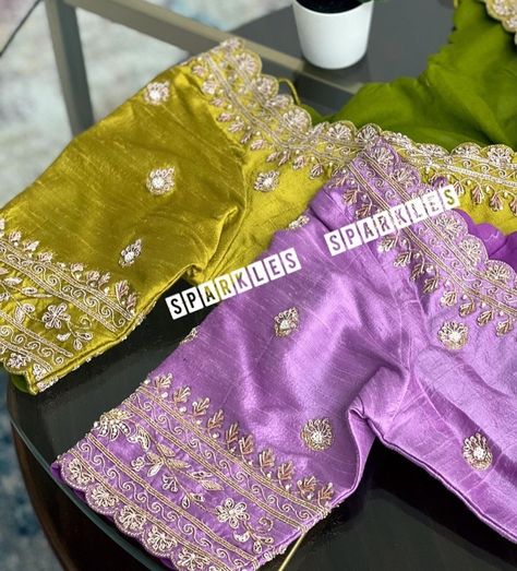 Latest Work Blouse Designs 2023, Lavender Work Blouse, Kardhana Work Blouses, Lavender Colour Blouse Designs, Gold Colour Blouse Designs Maggam Work, Lavender Blouse Maggam Work, Lavender Saree Contrast Blouse, Lavender Blouse Design, Simple Work Blouse Designs Latest