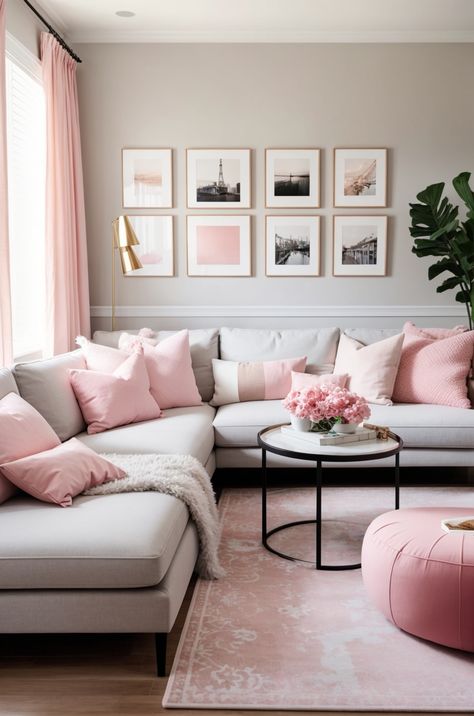 Apartment Living Room Pink And Grey, Grey And Blush Pink Living Room Interior Design, Light Pink Interior Design, Pink And Brown Living Room Ideas, Pink Accent Living Room, White And Pink Living Room, Pink And Gold Living Room, Pink Accents Living Room, Grey And Pink Living Room