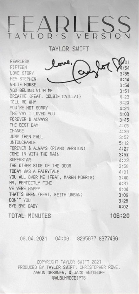 Taylor Swift Fearless Album, Album Receipts, Fearless Song, Fearless Taylor Swift, Album Receipt, Fearless Album, Taylor Swift Tickets, Taylor Swift Playlist, Colbie Caillat