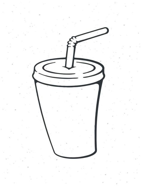 Disposable paper cup with soda and straw. Outline. Cartoon glass with carbonated cold drink. Film industry and fast food symbol. Vector illustration. Hand drawn sketch. Isolated white background Soda Cup Drawing, Straw Illustration, Drinks Cartoon, Food Symbol, Outline Cartoon, Black Forest Cake Recipe, Recipes Chili, Desserts Around The World, Italian Buttercream