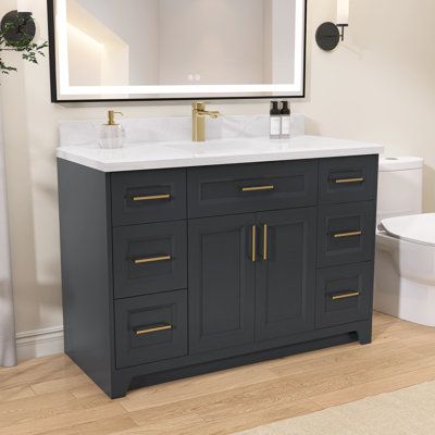 Our 48 inch bathroom vanity cabinets feature a simple yet stylish design to give your bathroom an eye-catching look. The cabinets of our bathroom vanities are made of solid wood and are also treated with mildew resistance, making our bathroom storage cabinet more waterproof and durable. Our bathroom vanity 48 inch is finished in a unique light gray that will make your bathroom look more premium and eye-catching. This bathroom large cabinet can bring a different visual effect to your bathroom. Ou Dark Grey Bathroom Vanity Ideas, Bathroom Vanity Ideas One Sink 48”, Bathroom Ideas Dark Vanity, Charcoal Grey Bathroom Vanity, Bathroom Blue Cabinets, Dark Grey Bathroom Cabinets, Vanity Top Ideas, Bathroom Vanity 48 Inch, Dark Gray Bathroom Vanity