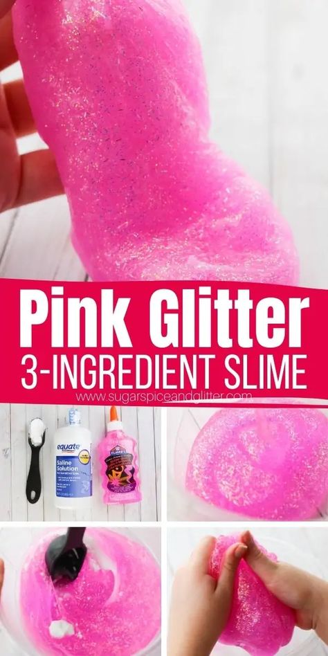 How to make pink glitter slime with just 3-ingredients. A fun, squishy and stretchy 3-ingredient slime perfect for a princess party or homemade Valentine's Day gift. This pink glitter slime is so simple to make and lasts for at least two weeks. How To Make Glitter Slime, Barbie Preschool Activities, Barbie Slime Party, Barbie Party Crafts For Kids, Barbie Birthday Party Games For Kids, Barbie Party For Kids, Pink Crafts For Preschoolers, Barbie Birthday Activities For Kids, Barbie Crafts For Kids Birthday Parties