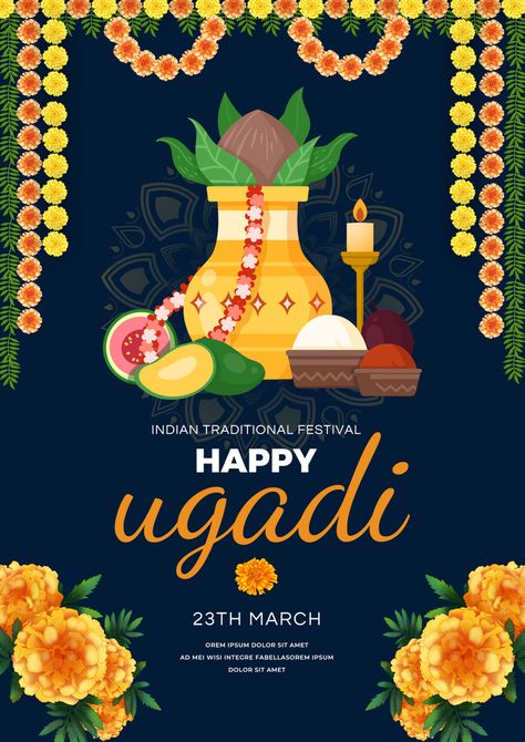 Ugadi Poster, Traditional Festival, About India, Flower Words, Cartoon Flower, Poster Psd Free Download, Poster Psd, Indian Patterns, Cartoon Flowers