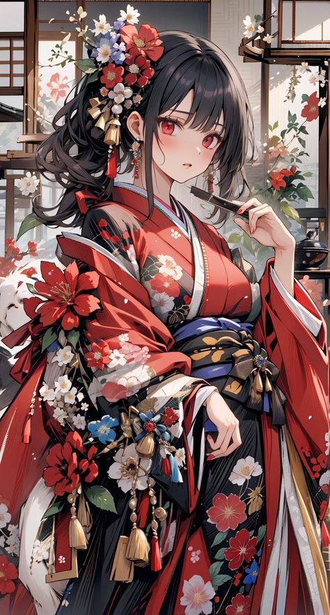 Japan Cartoon, Anime Kimono, Anime Black Hair, Game Concept Art, Manga Cosplay, Illustration Girl, Japanese Outfits, Cat Wallpaper, Cute Anime Pics