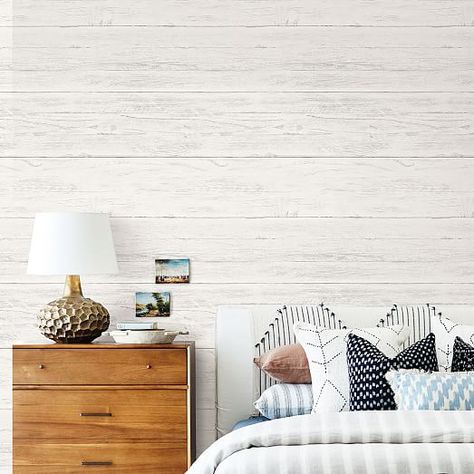 wallpaper | west elm White Wood Wallpaper Bedroom, Bedroom Wallpaper Ideas Master, Wallpaper Paneling, Wood Wallpaper Bedroom, Wood Accent Wall Bedroom, Peel Wallpaper, Quad Room, Grain Wallpaper, Bedroom Wallpapers