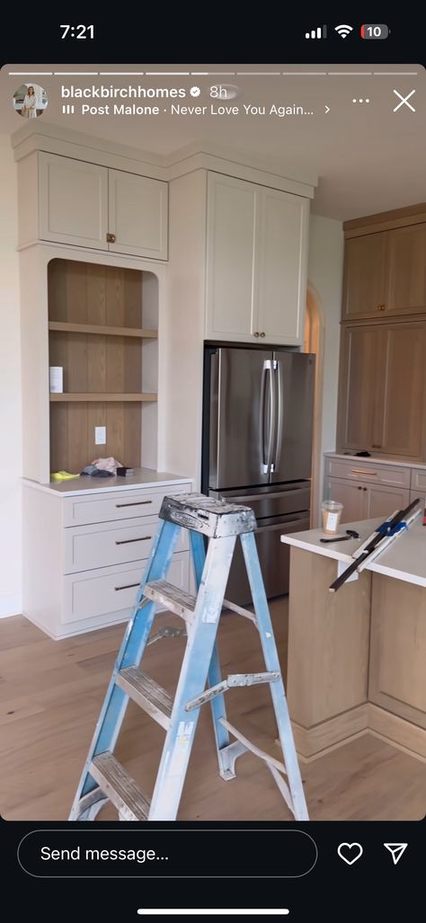 Kitchen Cabinets Next To Fridge, Cabinets Around Fridge Kitchen, Aquaguard In Kitchen Cabinet, Fridge With Cabinets Around It, Fridge In Dining Room, Cabinets Around Fridge, Fridge In Kitchen, Floating Cabinets, Kitchen Reno