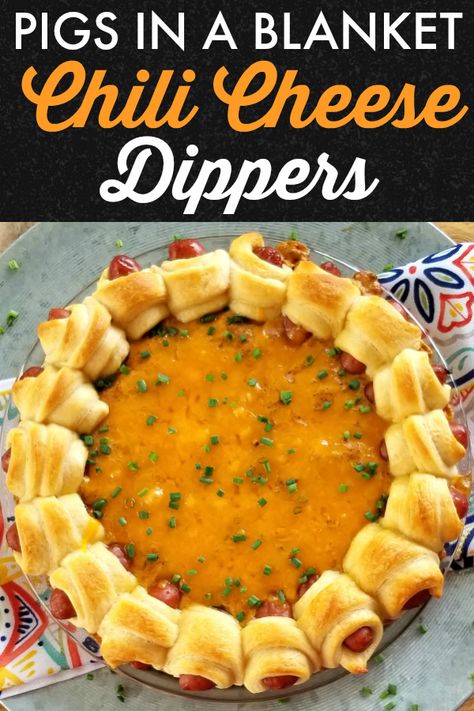 Pigs in a Blanket Chili Cheese Dippers! A perfect party, tailgating or game day appetizer recipe made from an easy chili-cheese dip baked under a wreath of Pigs In a Blanket. Cheese Dippers, Chili Cheese Dips, Gluten Free Puff Pastry, Healthy Superbowl Snacks, Bowl Party Food, Game Day Appetizers, Meat Appetizers, Pigs In A Blanket, Chili Cheese