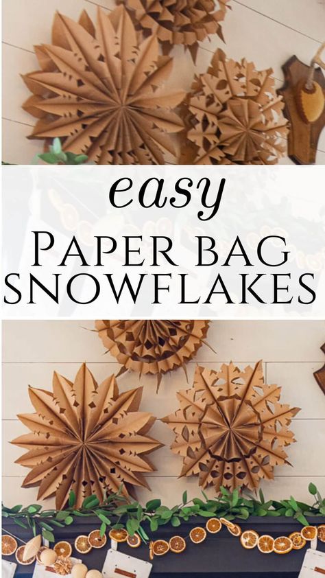 How to make gorgeous large or small paper bag snowflakes! These are so cool and make a big statement in your house. They are inexpensive too! Paper Bags Snowflakes Diy, Kraft Paper Snowflake, Homemade New Years Decorations, Paper Bag Snow Flakes Diy, Paperbag Snowflake Patterns, Homemade Paper Snowflakes, Small Paper Bag Snowflakes, Paper Bag Wreath Diy, Brown Paper Snowflakes