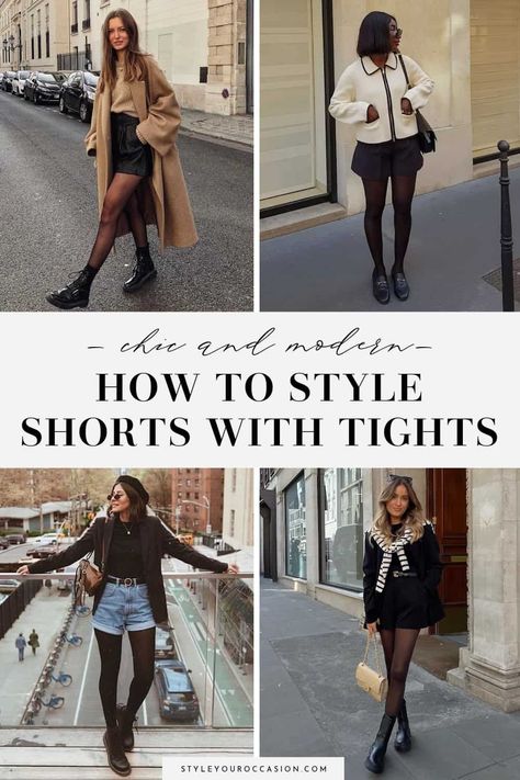 Fall Outfits 2023 Shorts, Short With Leggings Outfit, Winter Shorts Outfits Boots, Winter Shorts Outfits Casual, Leggings With Shorts Outfit, Night Out Shorts Outfit, Winter Black Tights Outfit, Fall Running Errands Outfit, Business Casual Shorts Outfit Women